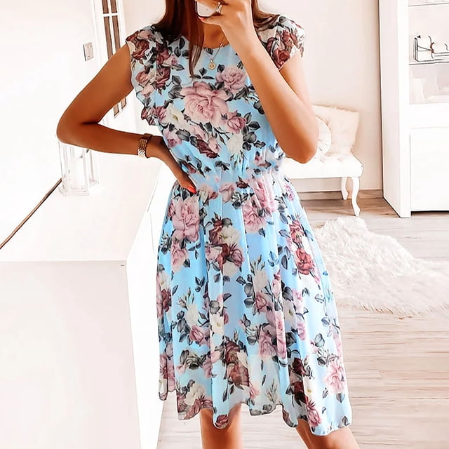 EGNMCR Robes d'Été pour Femmes Tendance 2024 Mode pour Femmes Bohème Col Rond Ample Manches Courtes Robe Longueur Imprimée