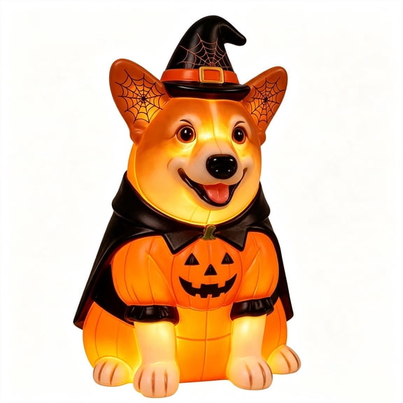Clearance! Halloween Light Up Pumpkin Corgi with Witch Hat, Waterproof Glowing Blow Mold Pumpkin Puppy Figurine for Desk Yard Decor, Halloween Decor