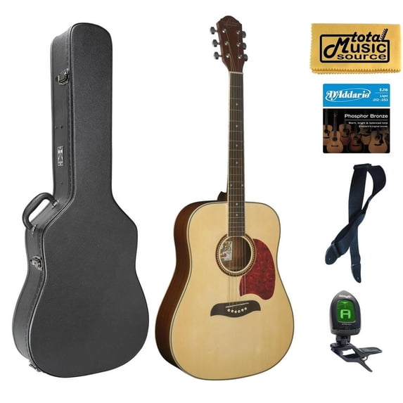 Oscar Schmidt OG2 Acoustic Dreadnought Guitar, Natural, Hard Case Bundle, OG2N CASEPACK