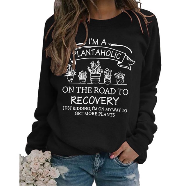 Sudadera informal para mujer, decoración estampada, manga larga, cuello redondo, Top de poliéster para todas las estaciones, Top negro, palabras blancas XXL
