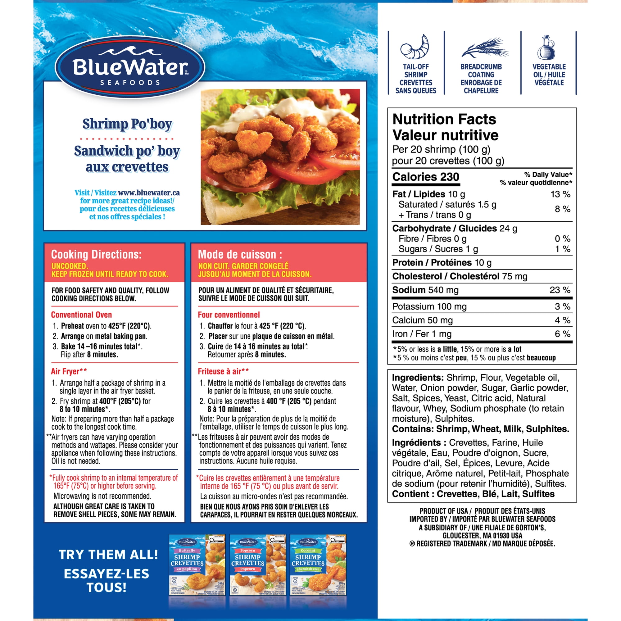 BlueWater Seafoods Popcorn Shrimp Whole, Tail-Off Shrimp, Breaded