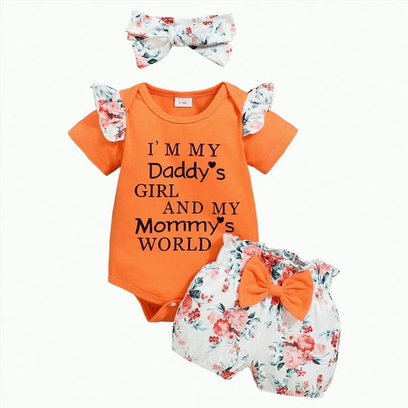 TOWED22 Baby Girl Clothes Short-sleeve Crew Neck Romper   Floral Pleated Skirts Shorts Headband Spring Summer Outfits(Orange,0-3 M)