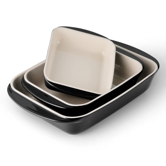 Tramontina Mae 3-Piece Ceramic Porcelain Baking Pans Set, Black, Non Stick Casserole Dishes for Oven, Rectangular Bakeware for Lasagna, Cakes and Loafs