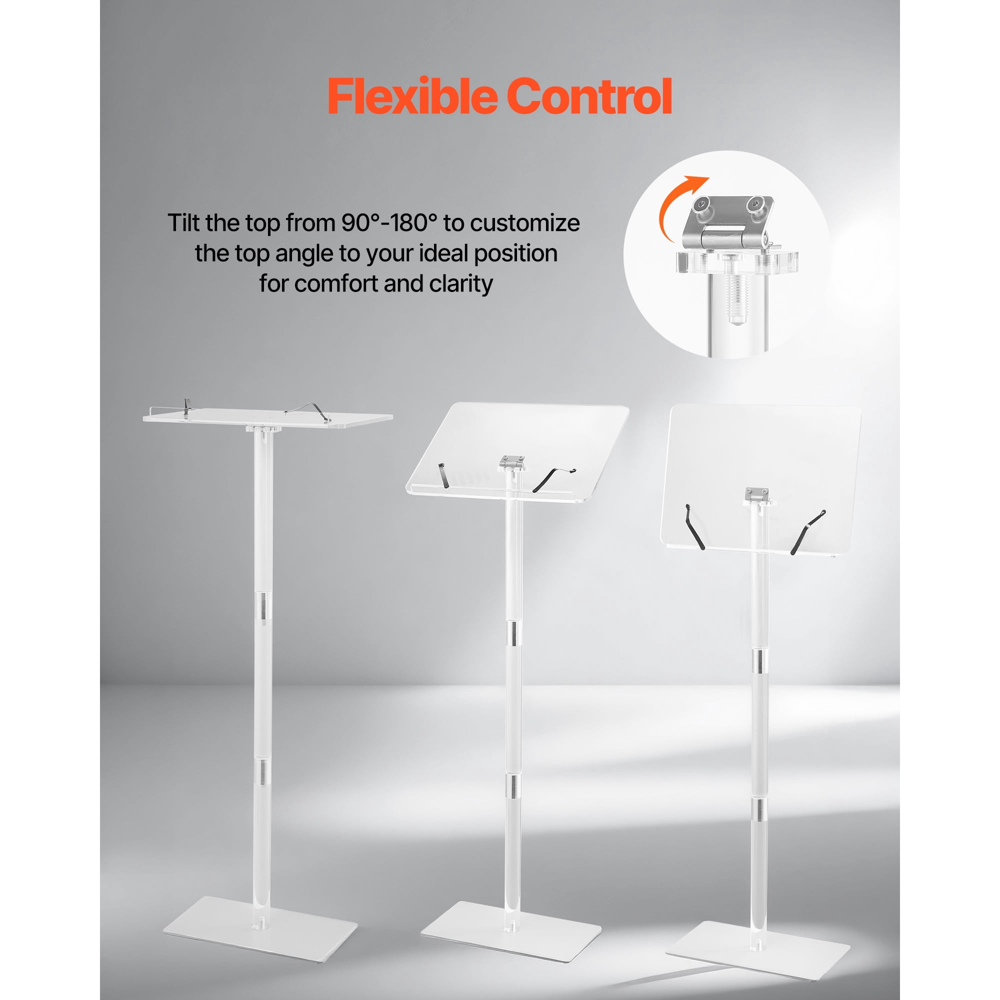 KFFKFF 43-Inch Acrylic Podium Stand, Portable Lectern with Spacious Reading Surface, Book Holders, Adjustable Angle, Floor-Standing Design for Events, Presentations, and Gatherings