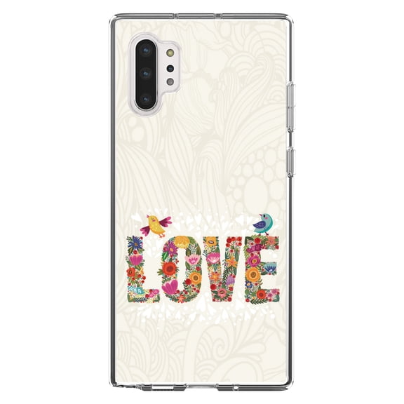 DistinctInk Clear Shockproof Hybrid Case for Galaxy Note 10 PLUS (6.8" Screen) - TPU Bumper, Acrylic Back, Tempered Glass Screen Protector - Spring Collection - Floral LOVE Birds