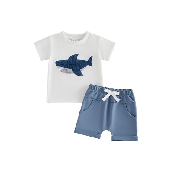 BemeyourBBs Toddler Baby Boy Summer Clothes Shark Outfit Shark Embroidered Crew Neck Short Sleeve T Shirt Tops and Shorts Set