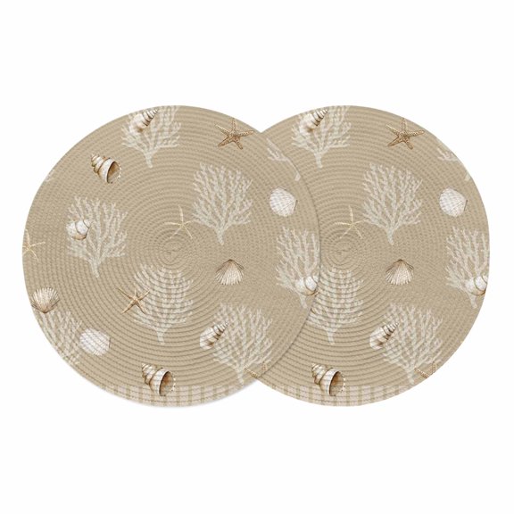 Coastal Brown Coral Round 13 Inch Placemats Set of 2, Summer Ocean Starfish Conch Nautical HeatResistant Non Slip Place Mats for Dining Table, Wipeable Braided Kitchen Table Mats for Housewarming