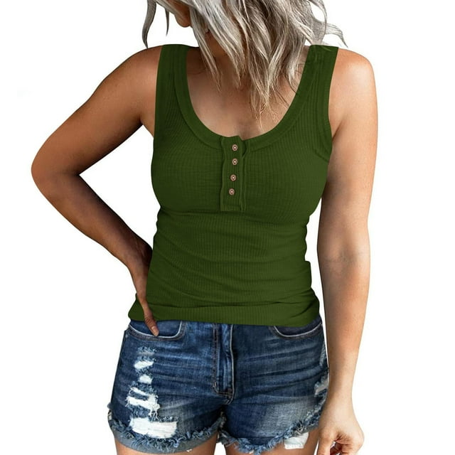 BVOFAR Women's Casual Tank Tops Ribbed Summer Sleeveless Cami Tops Trendy Slim Henley Button Down Blouses 2025