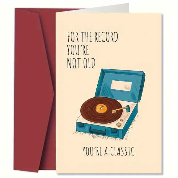 Funny Vintage Record Player Birthday Card – "You're a Classic, Not Old" Design – Blank Inside, Envelope Included – Perfect for Friends and Family