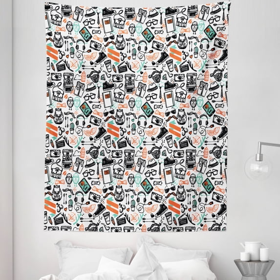 Indie Tapestry, Hipster Fashion Themed Pattern Clothing Accessories and Sketchy Art, Fabric Wall Hanging Decor for Bedroom Living Room Dorm, 5 Sizes, Seafoam Orange Black, by Ambesonne