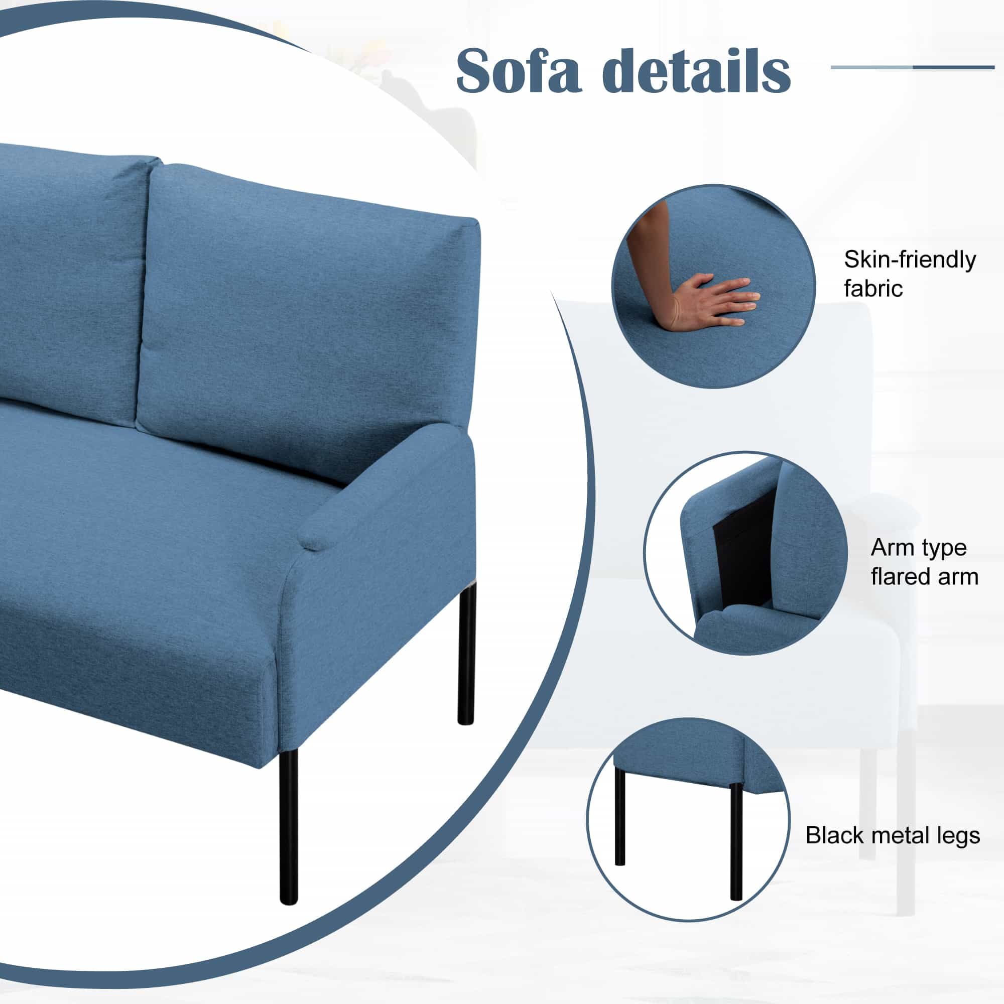 BSHTI Linen Blend Upholstery Loveseat Couch,2 Seating,Metal Frame,High-density Fam Seat Loveseat,Well in Apartments or Rooms with Limited Space(Blue)