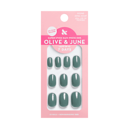 Olive & June Super Stick Mani Extra Short Round Press-On Tabs, Still Life of Flowers, 32 Pieces