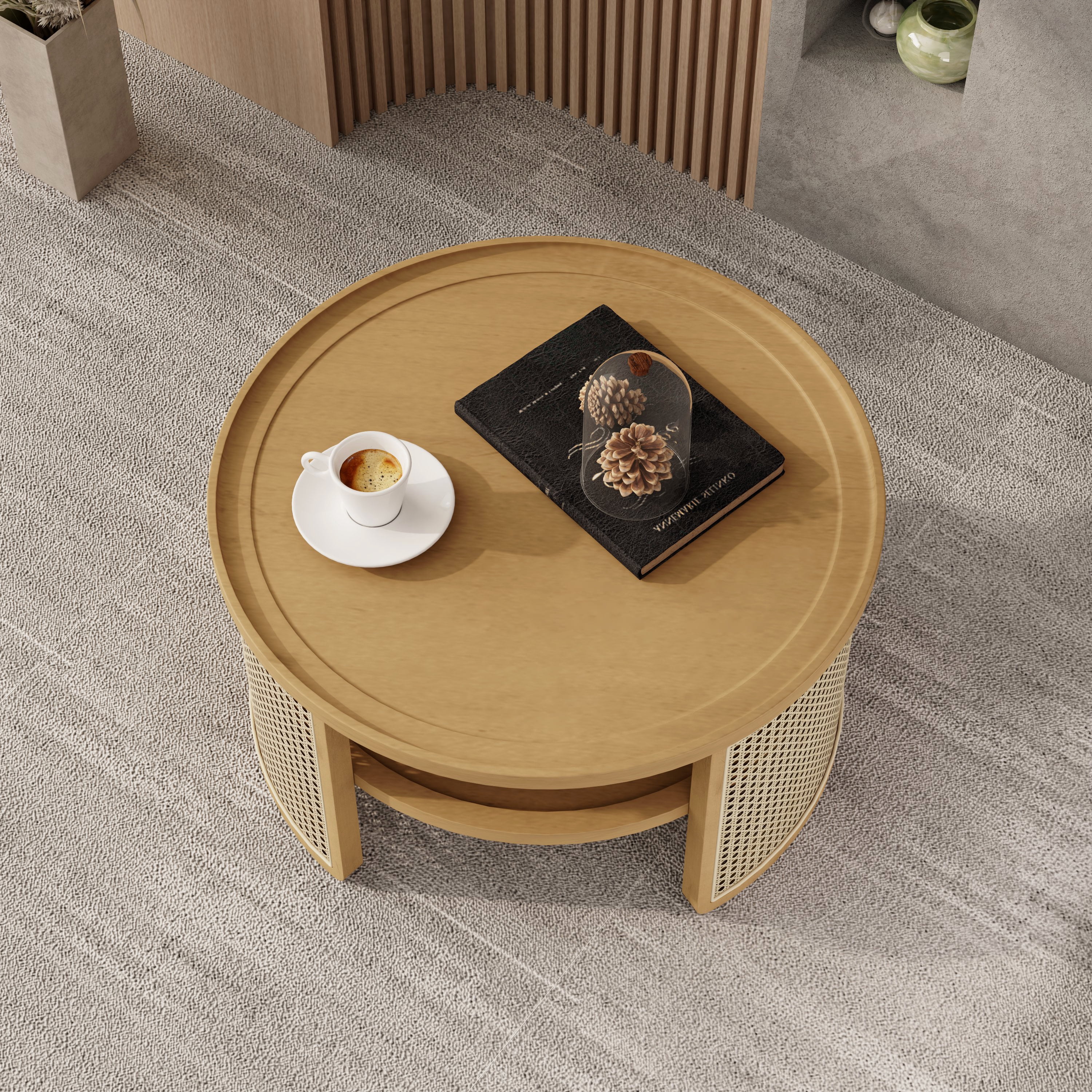 Euroco 2-Tiered Round Natural Wood Coffee Table with Storage Rattan Base in 31.3''