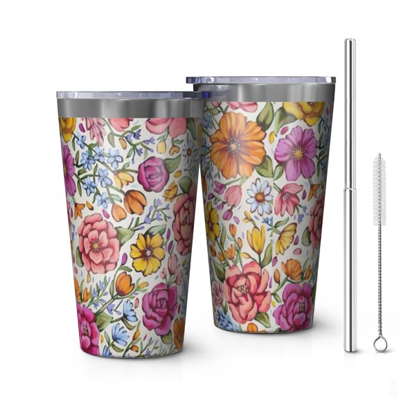 16oz Tumblers Pioneer Flower Floral Print Pattern Stainless Steel Vacuum Insulated Double Wall Travel Tumbler Cups Mug with Lid and Straw,Cleaning Brush for Coffee,Tea