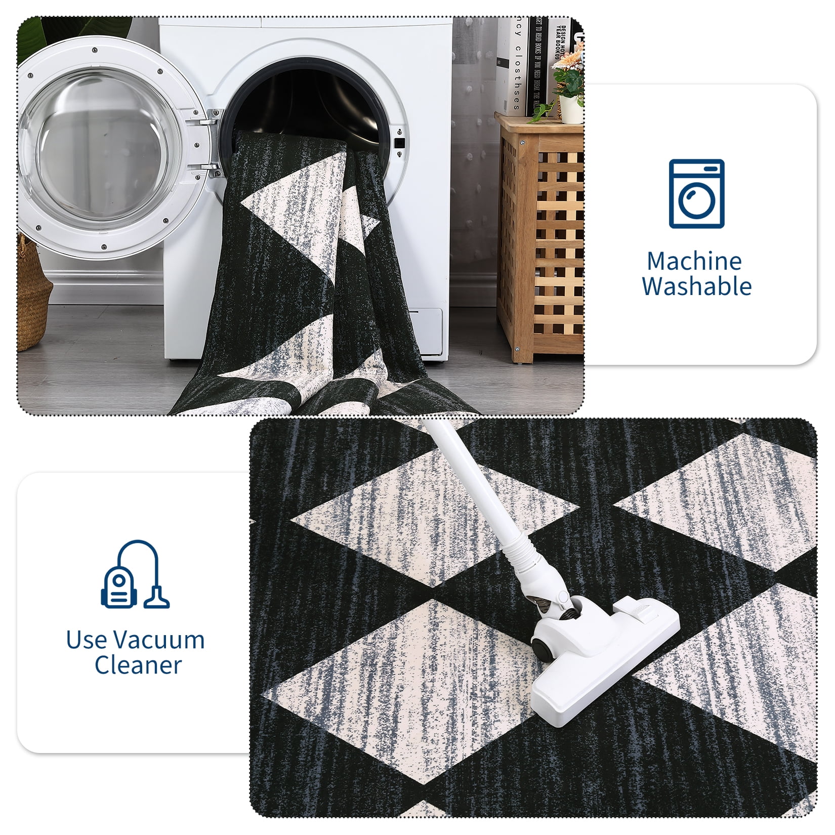 Hasoo Area Rug for Living Room 8x10 Distressed Washable Indoor Rugs Geometric Carpet for Bedroom, Black