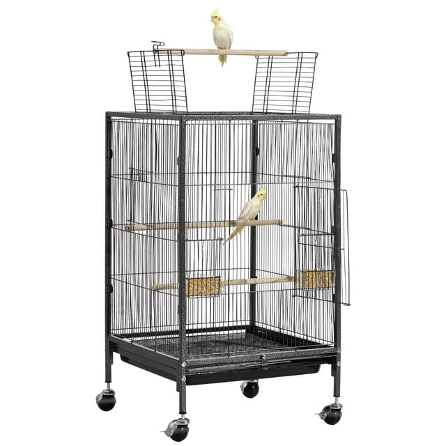 Jaula para pájaros VEVOR, 45 x 45 x 76 cm, parte superior plana abierta, jaula de vuelo de hierro forjado con perchas, bandeja extraíble y comederos de plástico, ruedas, para loros