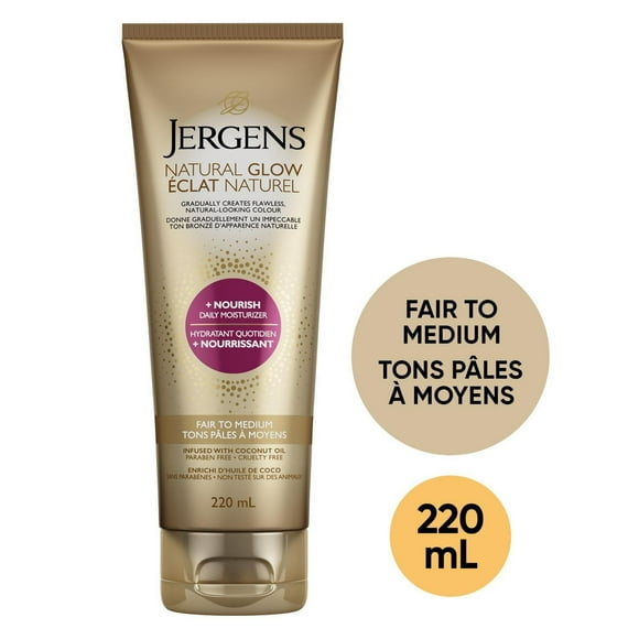 Jergens Natural Glow +Nourish Daily Moisturizer & Gradual Sunless Self Tanning Body Lotion for Dry Skin, Fair to Medium Shade, 220 mL