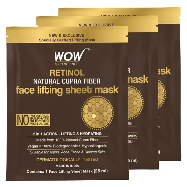 Wow Skin Science Masque en Feuille Lifting Visage Fibre Cupra Naturelle au Rétinol - Booste le Collagène, Réduit les Ridules & Unifie le Teint, Lot de 3