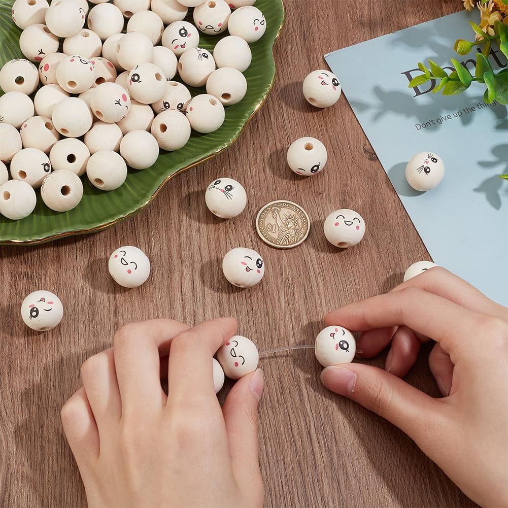 80Pcs 4 Styles Spacer Wood Smile Beads 17.5mm Wooden Beads Laughing Natural Face Print Round Beads for Animal Model Head Bracelet Necklace Jewelry Macrame Hair Crafts 4mm Hole