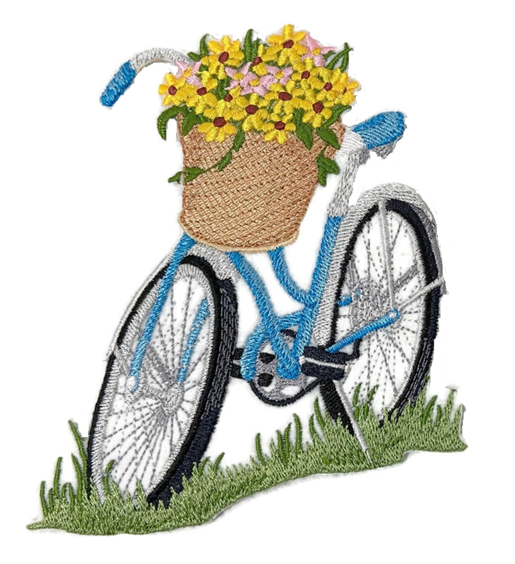 Custom and Unique Spring Blooms with Vase[Bicycle Built for Bloom ] Embroidered Iron on/Sew Patch [5.54" 4.86"]
