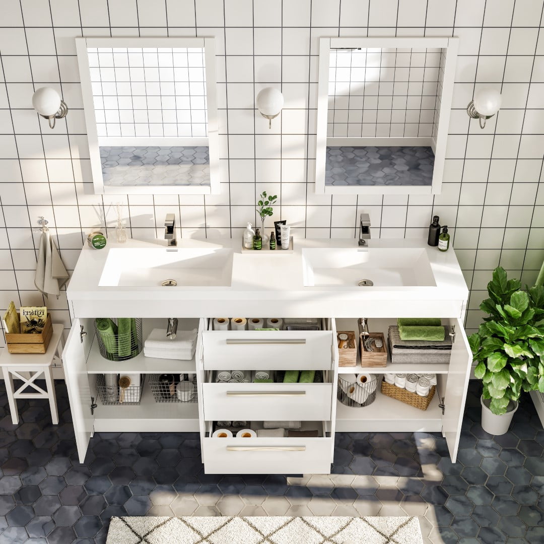 Eviva Lugano 72"W x 20"D White Double Sink Bathroom Vanity with White Acrylic Countertop and Integrated Sinks