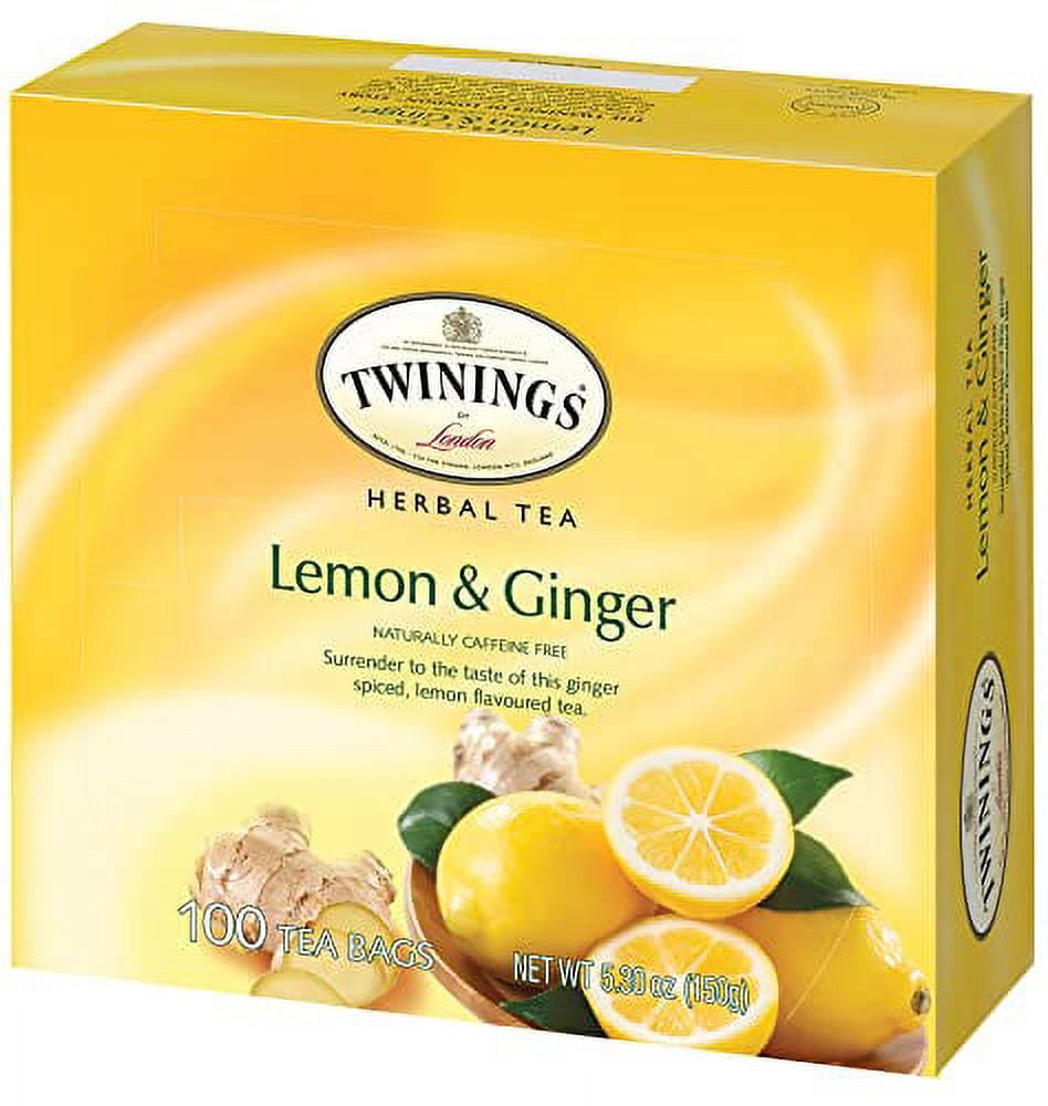 Twinings Lemon & Ginger Herbal Tea, 100 Individually Wrapped Tea Bags, Tangy Lemon, Spicy Ginger, Naturally Caffeine Free