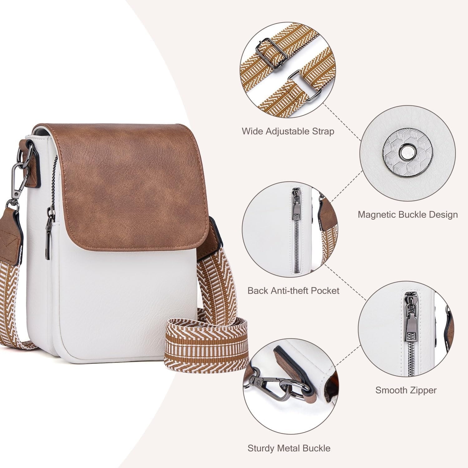 Kwuty Small Crossbody Bags for Women Trendy,Leather Triple Compartment Cell Phone Crossbody Wallet Purses with Card Slots（Beige+brown）