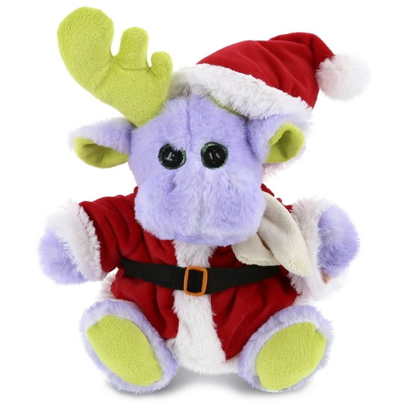 DolliBu Santa Sitting Purple Moose with Scarf Stuffed Animal Plush Toy - Soft Cute Plush Dress Up with Red Santa Claus Outfit, Perfect Holiday Christmas Gift - 12 Inch