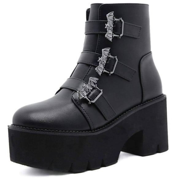 Women's Black Goth Platform Ankle Boots with Bat Wing Buckles Chunky Block Heels Round Toe Zipper Punk Motorcycle Combat Boots Comfy Short Gothic Booties Shoes for Women Girls