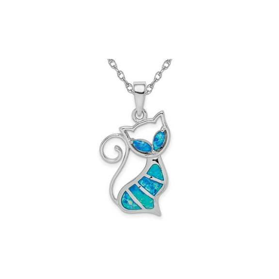 Lab-Created Blue Opal Cat Pendant Necklace in Sterling Silver with Chain for Women