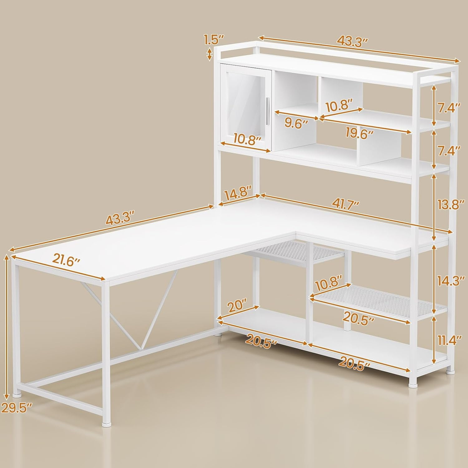 L-Shaped Computer Desk with LED Lights & Hutch, Corner Gaming Desk with 7-Tier Storage Shelves for Bedroom, Save Space, White
