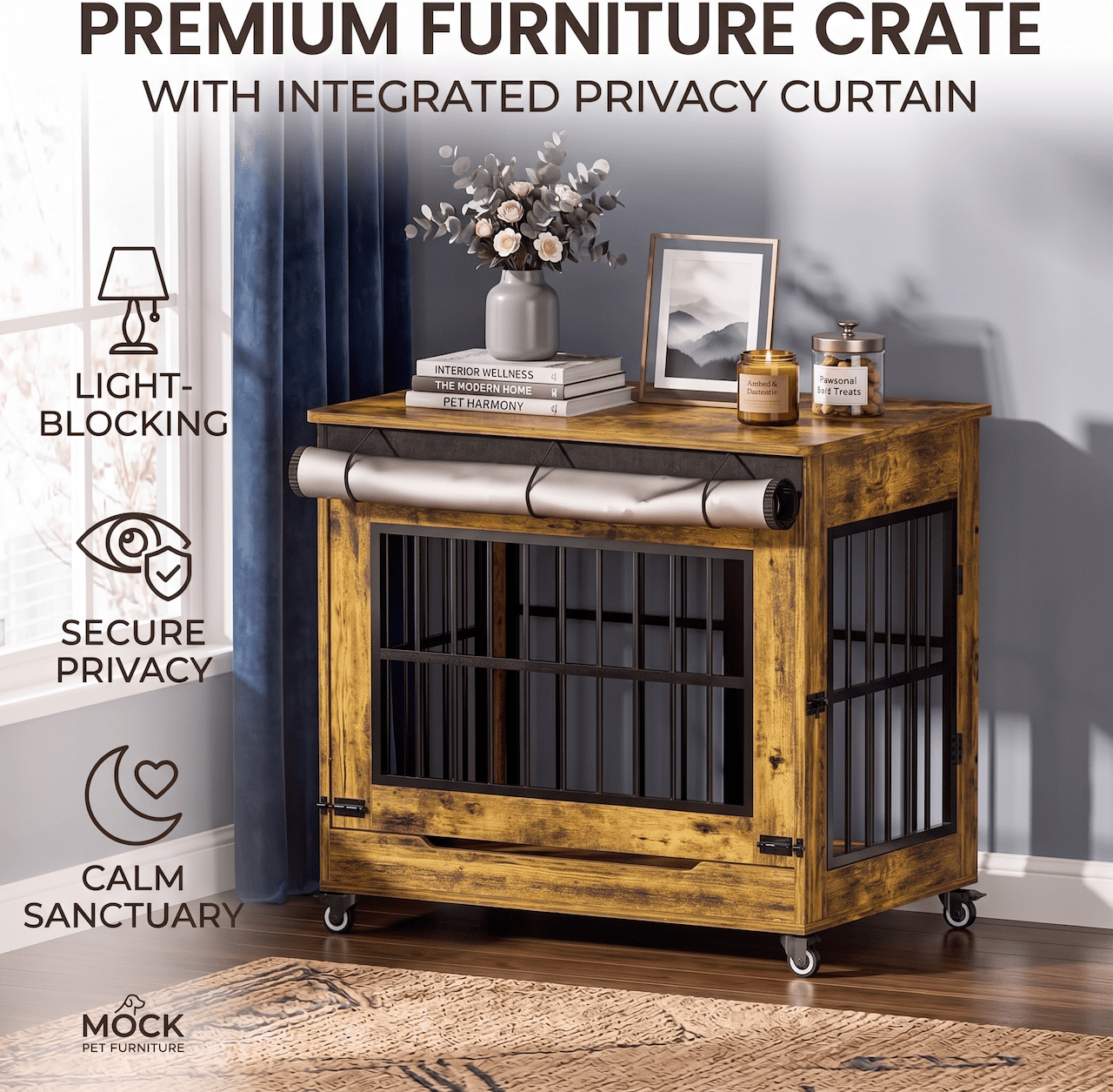 Xiweot 32" Dog Crate Furniture, Wooden Dog Kennel with Double Doors & Wheels, Indoor Pet Cage End Table for Small & Medium Dogs, Dog Kennel Furniture with Privacy Curtain, Size M, Rustic Brown