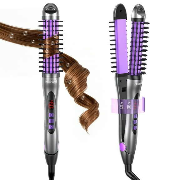 NEXPURE Curling Iron, Ionic Hair Curler Brush and Straightener 2 in 1 for All Hair Types, 30s Fast Heat, Purple