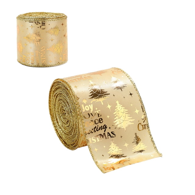 B Gold Glitter Christmas Ribbon For Bow Making 2 Meters, Iron Edged Fabric Decoration For Craft