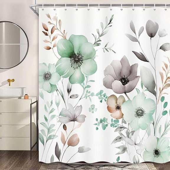 Watercolor Floral Shower Curtain, Sage Green Flower Shower Curtains For Bathroom, Rustic Farmhouse Waterproof Fabric Shower Curtain Set With Hooks 48"W x 72"L