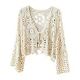 thumbnail image 4 of Women's Crochet Tops Bell Sleeve Summer Cardigan Tie Front Cropped Cover upvLightweight Top,Hollow Out,Boho,Summer Sweater(Beige,One Size), 4 of 4