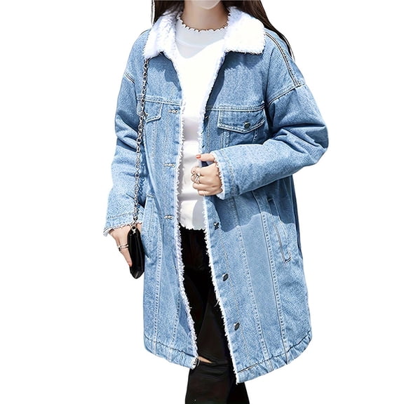 Women's Winter Faux Fur Collar Long Denim Coat Trucker Jacket Light Blue XXL