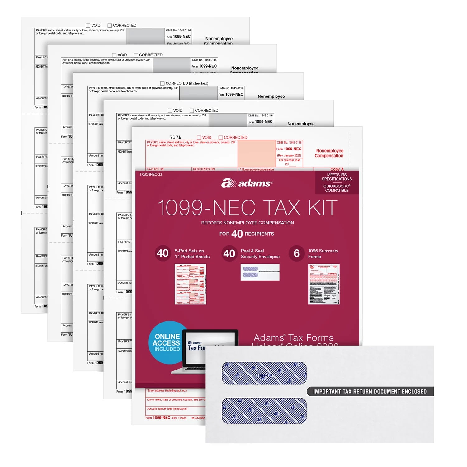 Adams 1099NEC 2022 Tax Forms Kit + Tax Forms Helper Online, 40 Pack