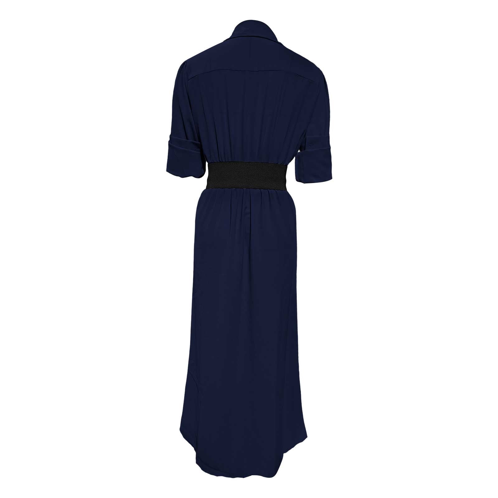 YueHuiYing Women's Single Breasted Shirt Lapel Elegant Belt Slim Fit Pleated Long Sleeves Solid Color Slit Party Dress