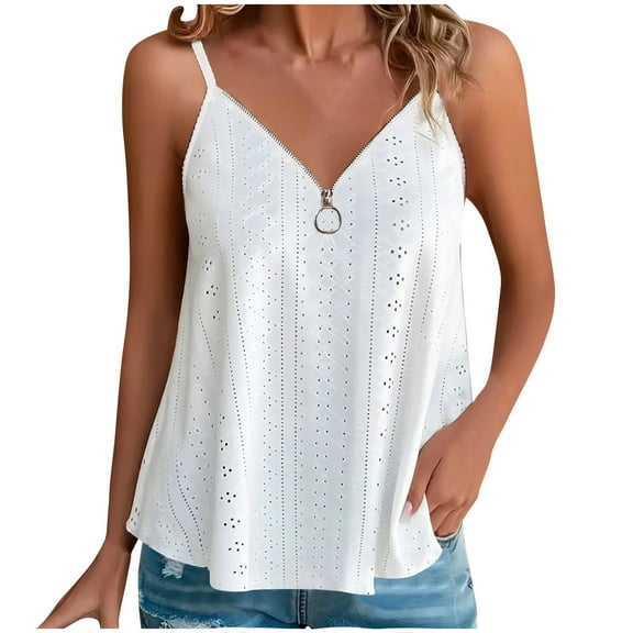 Camisole Tops for Women 2026 Sleeveless T-Shirts Spaghetti Strap Zipper V Neck Tunic Blouse Eyelet Embroidery Tank Tops Elegant Solid Color Cami Blouse Soft Comfy Summer Lounge Vests