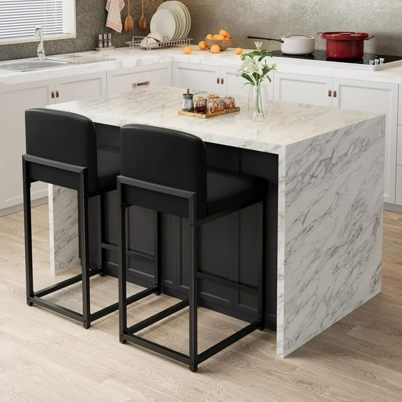 Modern Bar Stools Set of 2, Upholstered Counter Height 24.8" Bar Stools, Faux Leather Counter Stools Bar Chairs with Back, for Kitchen Island, Black