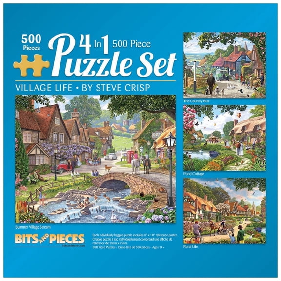 Bits and Pieces 4-In-1 Multi-Pack Village Life 500 Piece Jigsaw Puzzles by Steve Crisp 16" x 20"