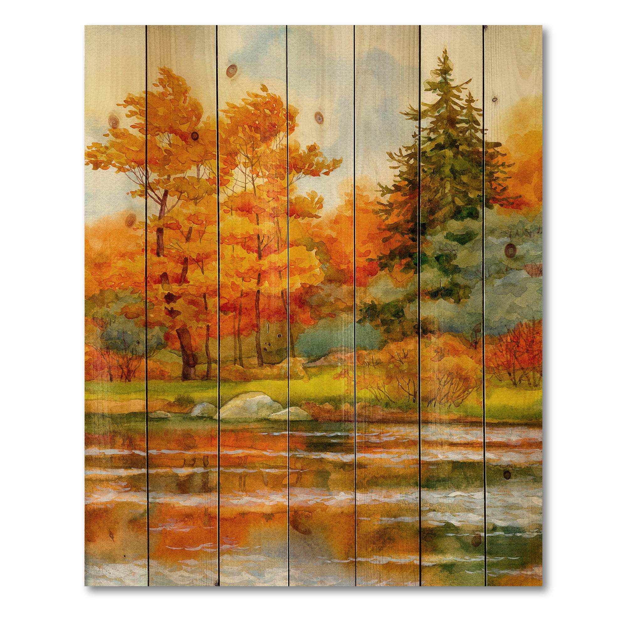Designart 'Autumn Forest By The Lake Side III' Lake House Print on Natural Pine Wood
