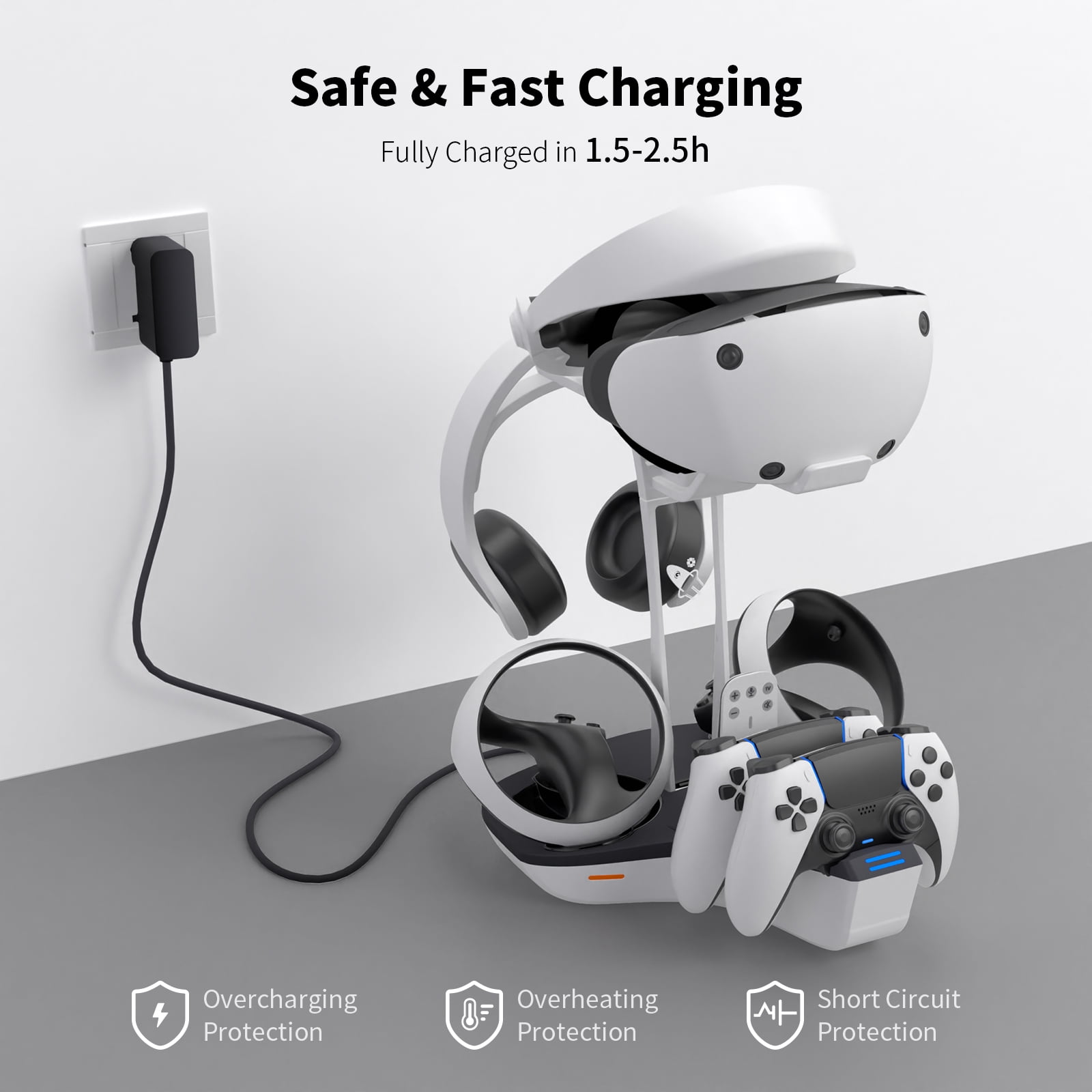 4-in-1 Controller Charging Station for PSVR2 and PS5, Dual Charging Dock with VR Headset Display Holder and Headphone Rack, LED-Charging Indicator, AC Power Adapter, RGB Lights, 3 Magnetic Connector
