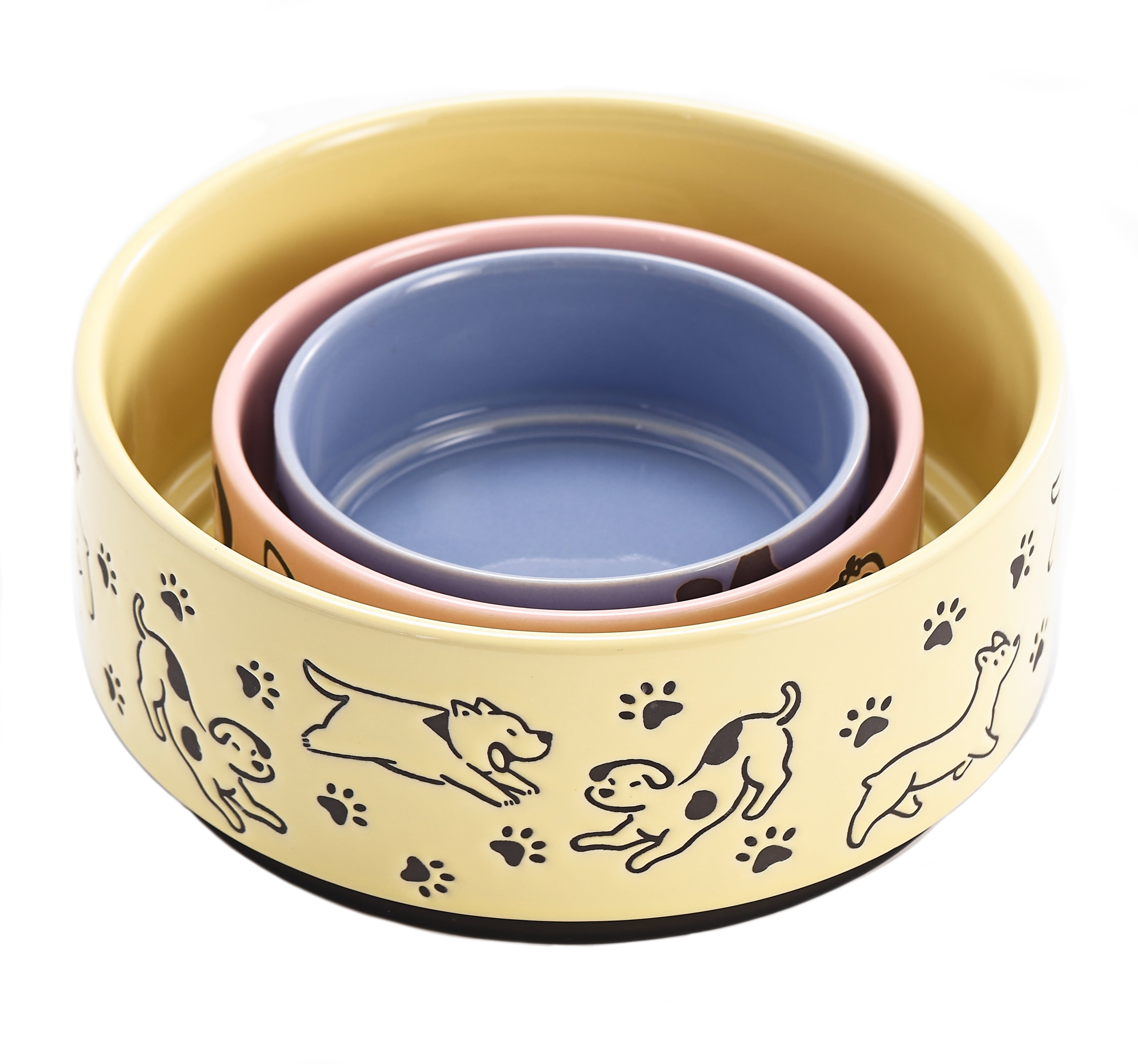 Bico Happy Dogs Yellow Ceramic 76oz Pet Bowl, for Large Size Dog, Puppy, Cat, Kitten, Durable and Dishwasher Safe Stoneware