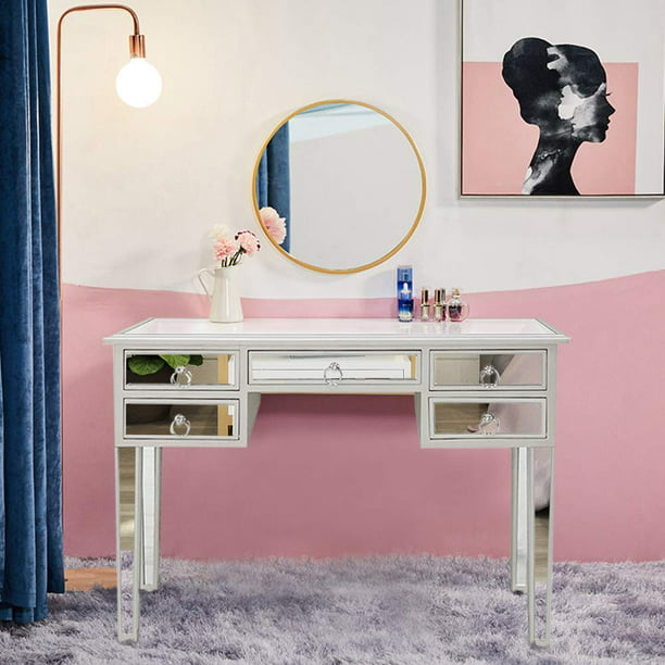 Ktaxon 5 Drawer Mirrored Makeup Table Mirrored Desk Vanity