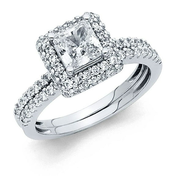 14k White Italian Solid Gold CZ Princess-Cut Halo Bridal Engagement Wedding Duo Sets Band & Ring Size 7 Available All Sizes