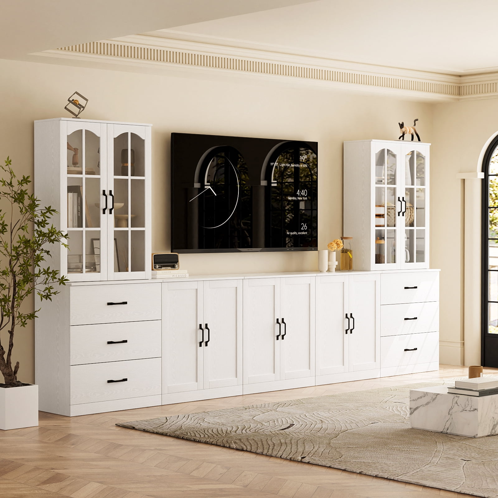 RichYa 118" W Entertainment Center with Bookcases for TVs up to 65", Wall Unit TV Stand with Drawers for Living Room