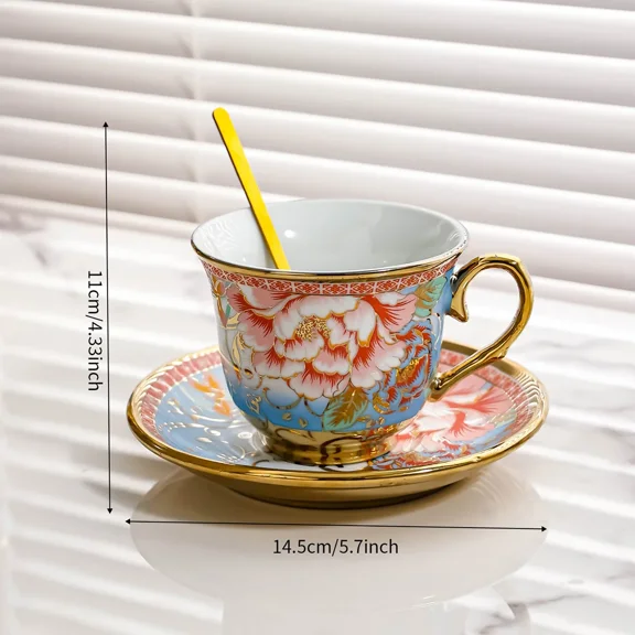 Retro Flower Tea Cups Saucers Set,Ceramic Coffee Cup Set,Floral Mug Porcelain for Afternoon Coffeeware Teaware Drinkware Gift (200ml)