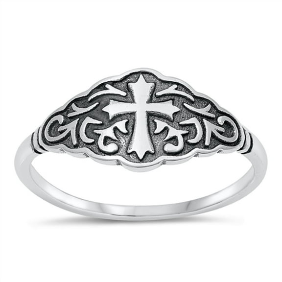 All in Stock Sterling Silver Decorated Cross of Faith Ring Size 4